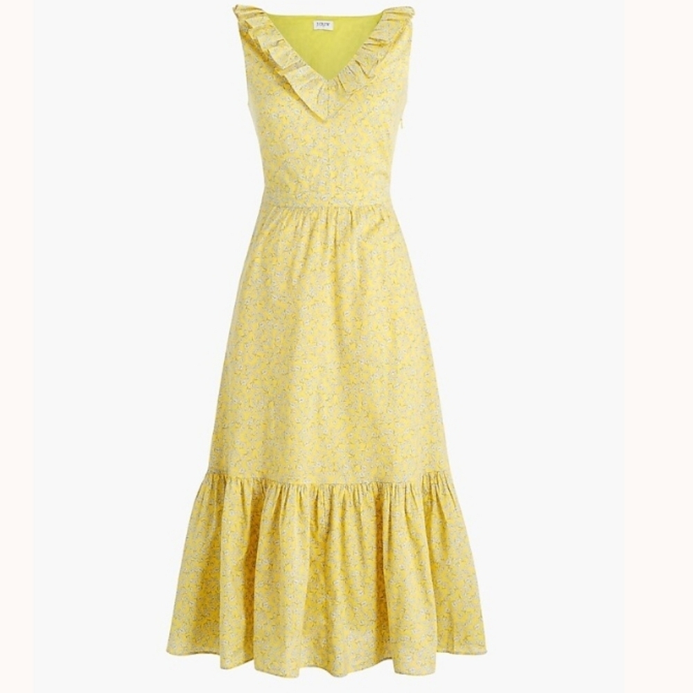 J. Crew Factory Yellow Floral Printwd V Neck Ruffle Midi Dress Sundress, Sz 18